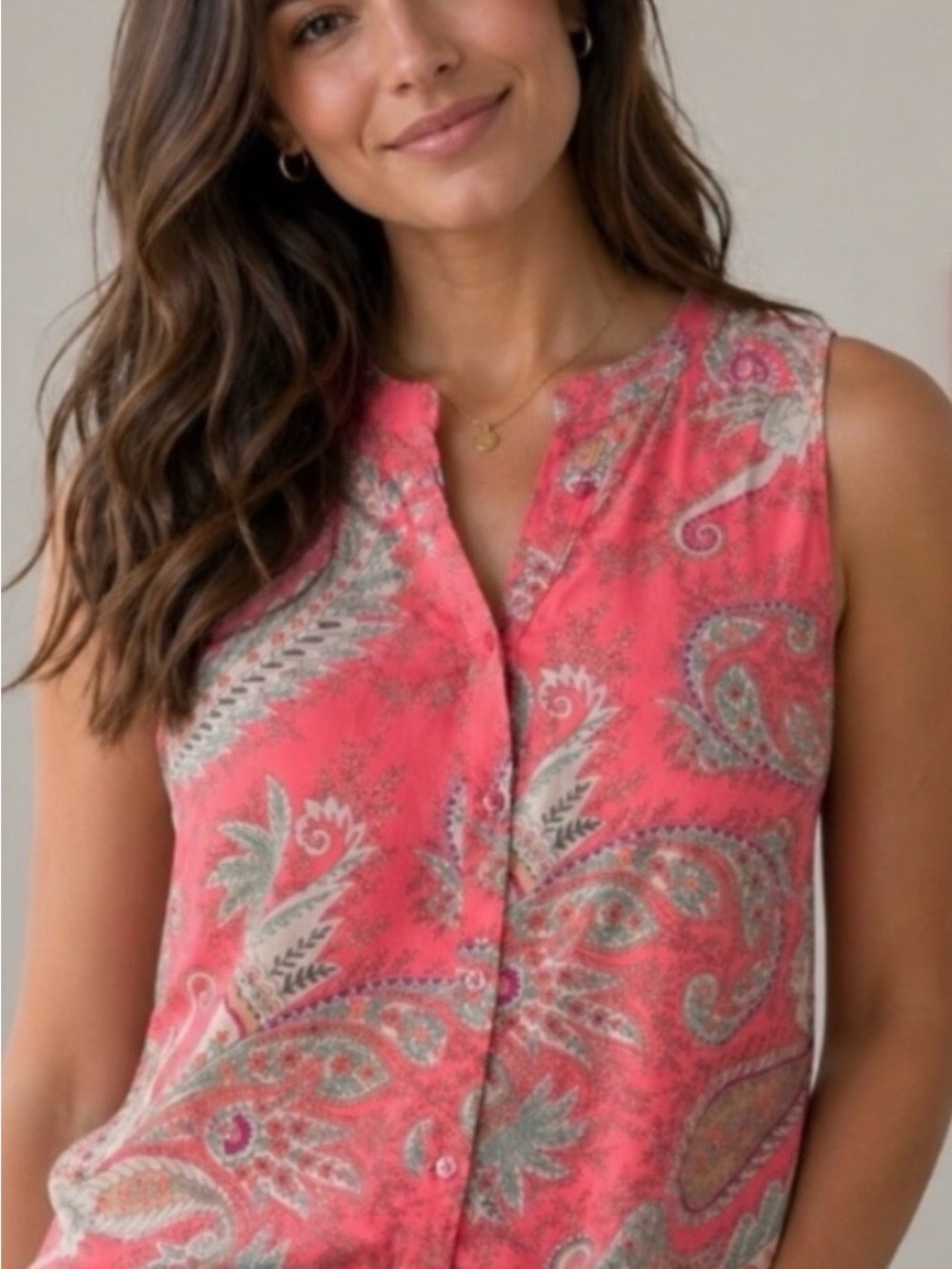 American Eagle Outfitters hot pink Paisley Sleeveless Button-Front Top